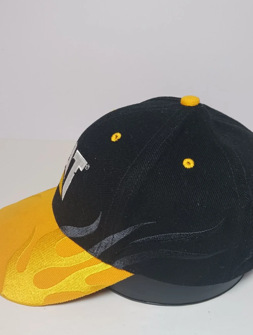 Vintage CAT Caterpillar Flames Cap Hat Black Yellow Cyrk OSFM Adjustable